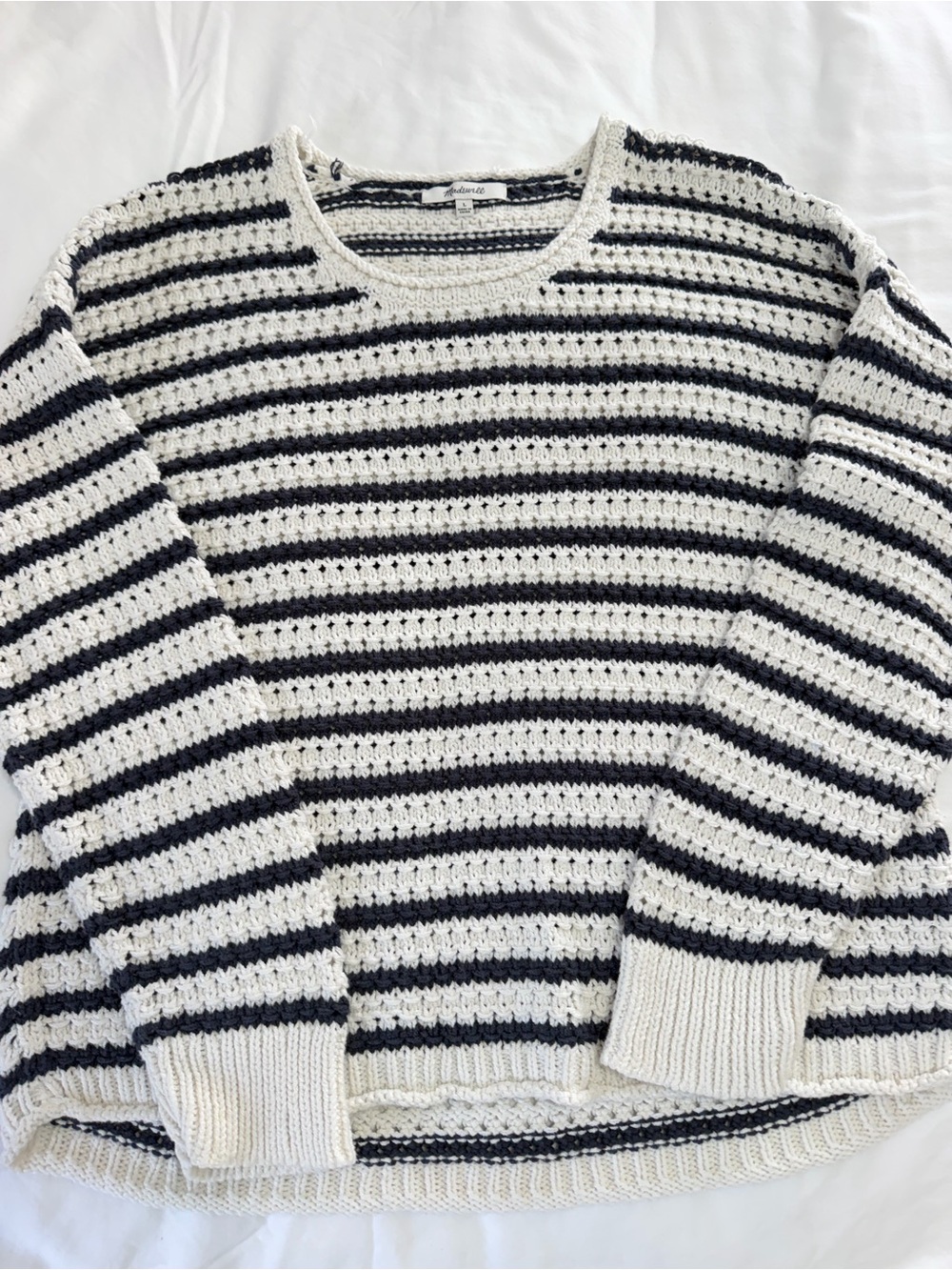 Madewell Coastal Grandmother Navy Stripe Crochet Knit Sweater Large Quiet Luxury